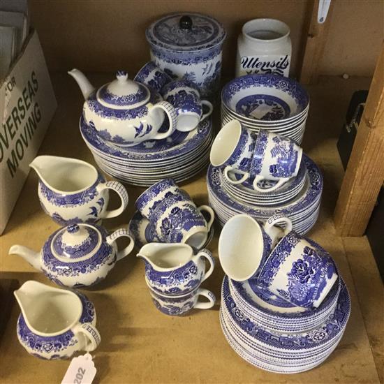 Quantity of Willow patern dinnerware and 2 other items